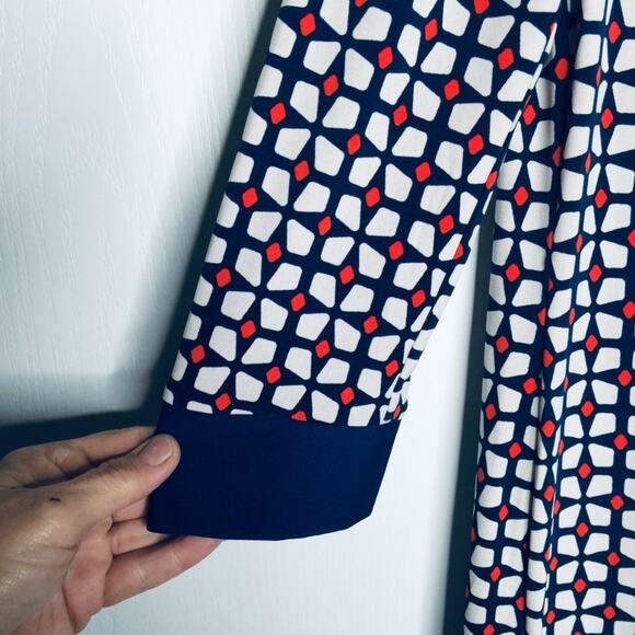Donna Morgan Long Sleeve Shift Dress Collared Geometric Blue/White/orange Size 6 - Picture 4 of 10